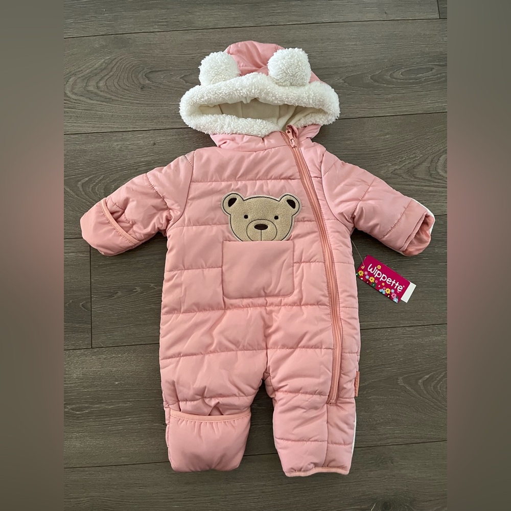 NWT Wippette Faux Fur Trim Quilted Pram in Pink and White Baby Bear 3-6 months
